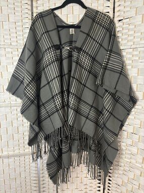 Gray Plaid Poncho with Leather Toggle Trim
